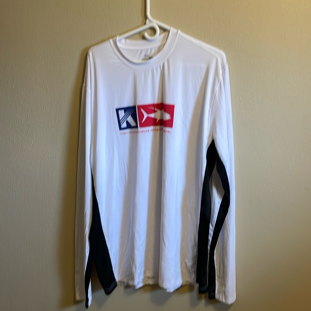 2XL white and black fishing shirt with perforated side venting